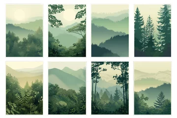 Papier Peint photo Olive verte Set of eight tranquil forest and mountain landscape illustrations in muted green tones, ideal for backgrounds or environmental themes with space for text