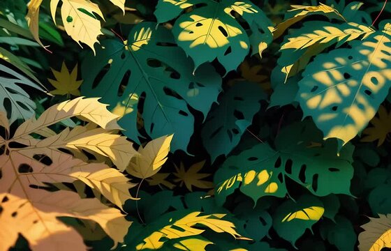 Abstract palm mostera leaves in gold green color, tropical jungle and advenbture concept