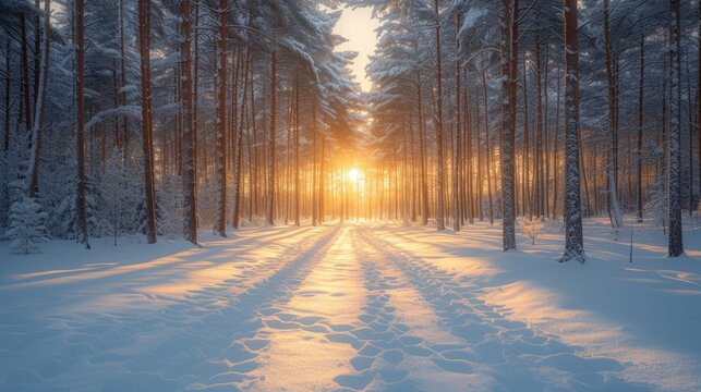 The sun shines through the snow covered trees in the forest