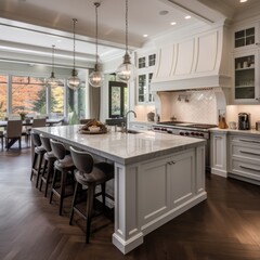 Fototapeta premium Modern kitchen island with seating and hardwood floors