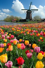 Field of tulips in front of a windmill in the Netherlands