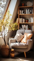 Fototapeta premium A Comfortable Reading Nook with a Stylish Armchair and a Tree