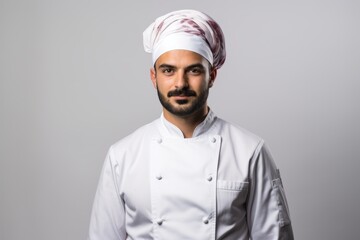 Portrait of a male chef wearing a white toque and white chef's jacket