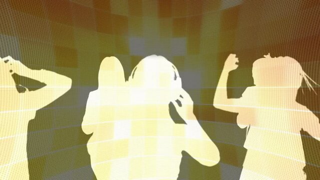 Animation of silhouettes of people dancing over yellow shapes