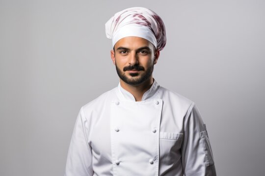 Portrait of a male chef wearing a white toque and white chef's jacket