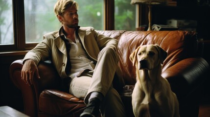 A man and his dog are sitting on a couch.