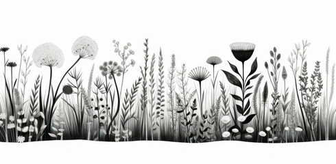 A black and white illustration of a field of flowers, Wildflower line art