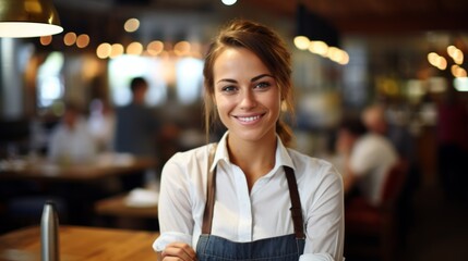 Portrait of a smiling waitress in a restaurant - obrazy, fototapety, plakaty