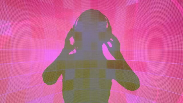 Animation of silhouette of woman dancing over pink shapes