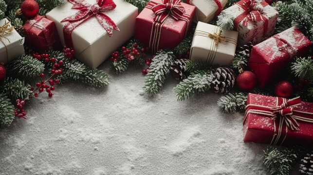 Christmas presents and decorations on snow background