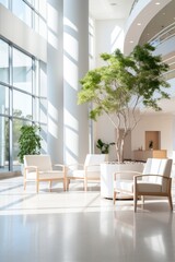 White chairs in a modern hospital atrium with a large tree
