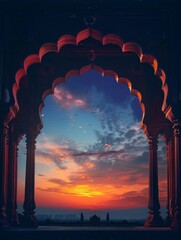 Indian arch silhouette in old temple at dramatic dark blue sunset sky background. Free space for text - generative ai - obrazy, fototapety, plakaty