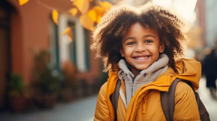 Fotobehang Portrait of a smiling young girl with curly hair wearing a yellow jacket and a backpack © Molostock