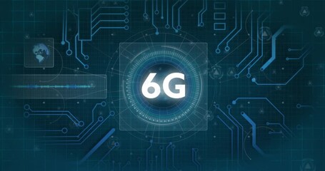 Animation of 6g text and data processing over globe and connections - Powered by Adobe