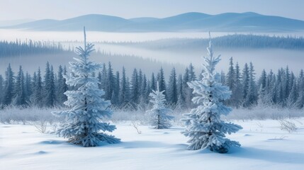 Three snow-covered pine trees in a snowy forest with a mountain range in the distance - obrazy, fototapety, plakaty