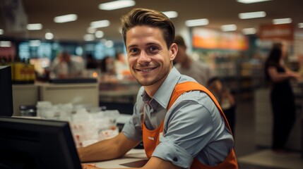 Portrait of a happy young male grocery store clerk - obrazy, fototapety, plakaty