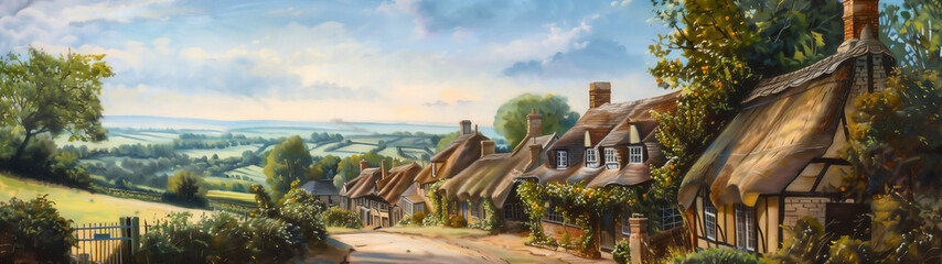 Watercolour oil painting of an old fashioned quintessential English country village in a rural landscape setting with an Elizabethan Tudor thatched cottage, panoramic stock illustration image - obrazy, fototapety, plakaty