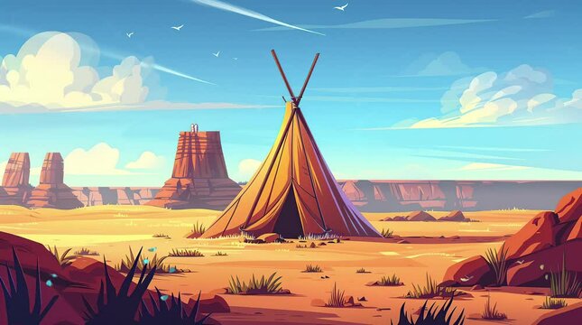 Desert Camp: Indian Tent in the American Landscape Seamless looping 4k time-lapse virtual video animation background. Generated AI