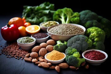 A variety of healthy food including fruits, vegetables, nuts, and seeds