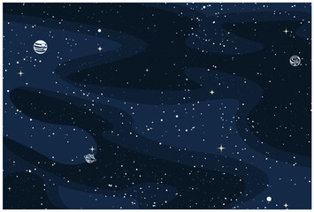 Cartoon starry sky, planets in space, cosmos or galaxy with nebula and sparkling stars, vector © gomixer