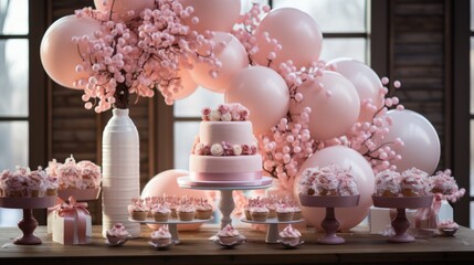 Pink and white birthday party decoration with a cake and cupcakes
