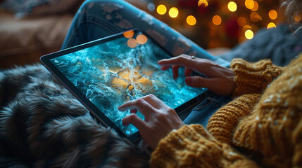 Picture a close-up of a tablet held by a person's hands, fingers swiping across the screen with fluid precision, navigating through digital content with effortless ease