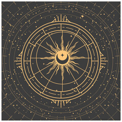 Esoteric compass, sun and moon inside ornamental frame, four corners of the earth, astrology mystic symbol in tarot style, vector