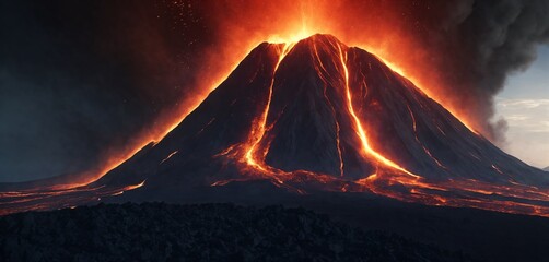 Volcanic eruption with smoke, fire, explosion