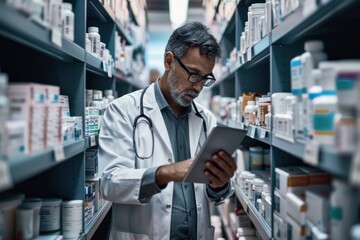 doctor in white laboratory coat with tablet in the pharmacy aisle