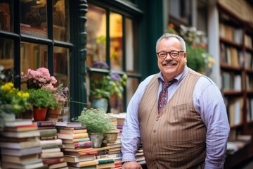 Smiling man with mustache and glasses standing in front of a bookstore
