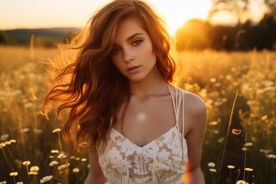 Portrait of a beautiful redheaded woman standing in a field of daisies at sunset