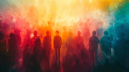 Abstract silhouette of a diverse crowd with a vibrant, multicolored bokeh overlay, suitable for backgrounds or concepts about unity, diversity, or community events