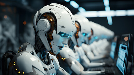 Fototapeta premium Robots working at a computer in a call center