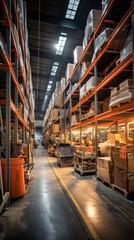Fototapeta premium Warehouse with tall shelves full of neatly arranged boxes