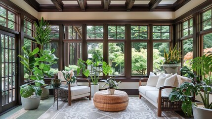 Fototapeta premium Within a craftsman-style townhouse, the sunroom is a tranquil retreat for relaxation and contemplation, with its panoramic windows, comfortable seating.