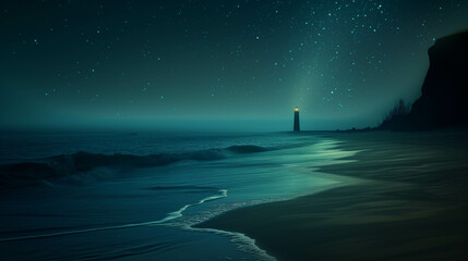 Quiet night scenery It overlooks the sandy beach and sea with a lighthouse tower that lights up at night. - obrazy, fototapety, plakaty