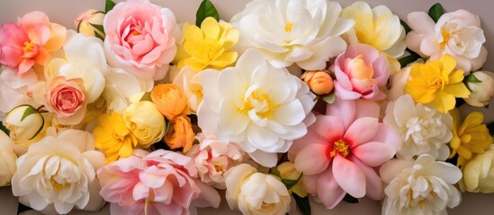 A variety of colorful flowers, including pink roses, are elegantly displayed on a table. These beautiful flowering plants are perfect for creative flower arranging or for use at a funeral