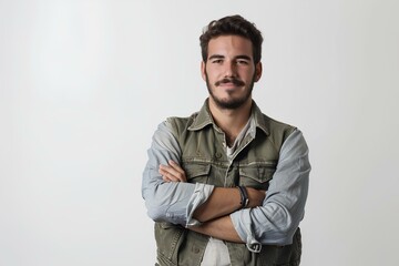 Fototapeta premium friendly latin cool 30 years old man, wearing rolled up sleeves shirt and simple utility vest, crossed arms. on the white background. generative AI