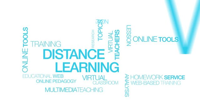 Distance learning online e-learning lesson words tag cloud learnings blue text white background virtual training formation coaching teaching scholarship teacher education study homework animation