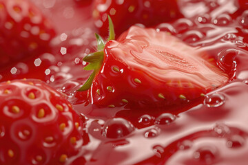 close-up, half a strawberry, fresh berry in red jam, cocktail with bulbs, confiture