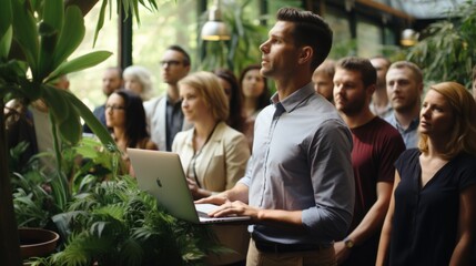 A group of people in a greenhouse listening to a man with a laptop