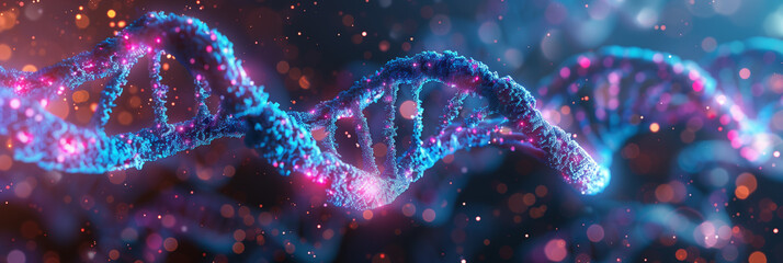 Vibrant 3D rendering of a DNA double helix with glowing neon lights and particles on a dark background, suitable for scientific or medical presentations and designs