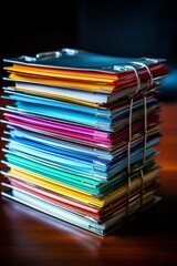 A stack of colorful folders with metal binders - obrazy, fototapety, plakaty