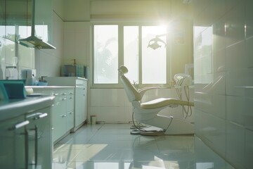 clean bathroom and dentist chairs with sun shining through the door