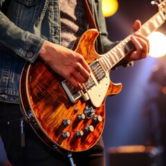 Close-up of an unrecognizable person playing the guitar on stage
