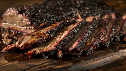 Traditional Smokey Texas-Style Smoked Pork Brisket with Dark Crust from Classic Smokehouse on Wooden Board