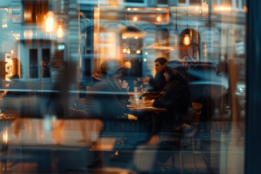 blurry image of people at tables around and in glass