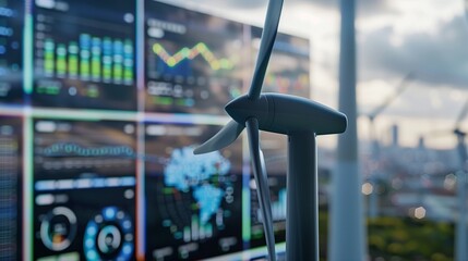 A sophisticated wind turbine data analytics dashboard displaying real-time metrics and graphs for assessing the efficiency and profitability of renewable energy production.