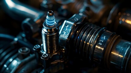 The mechanic carefully removed the old spark plug from the car's engine during the routine maintenance check, revealing the shiny metal coil inside. - obrazy, fototapety, plakaty
