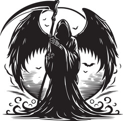 Silhouette of a grim reaper isolated on white background